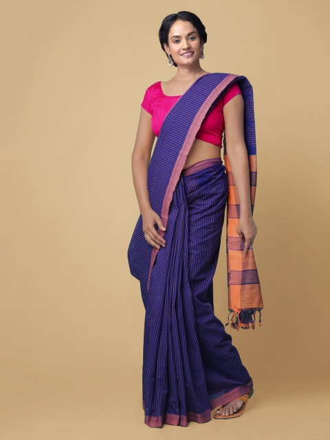 

Unnati Silks Navy Blue & Peach-Coloured Zari Pure Cotton Mangalagiri Handloom Saree