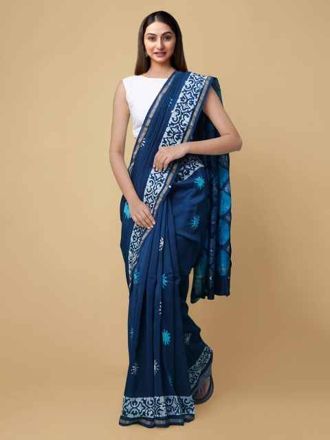 

Unnati Silks Blue Batik Printed Silk Cotton Chanderi Saree