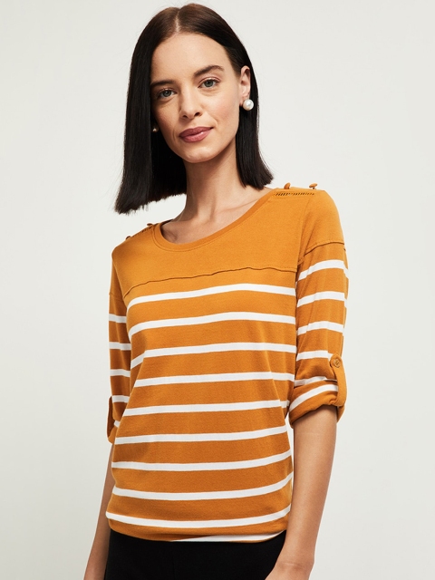 

max Women Yellow Striped T-shirt