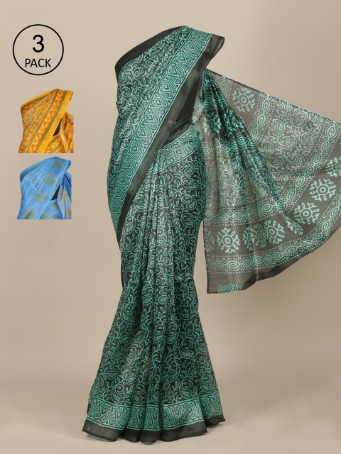

Pothys Pack Of 3 Ethnic Motifs Printed Jute Silk Saree, Green