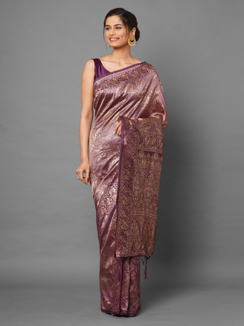 

Mitera Burgundy Floral Silk Blend Banarasi Saree