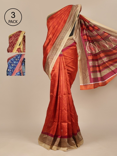 

Pothys Rust & Maroon Set of 3 Ethnic Motifs Jute Silk Saree
