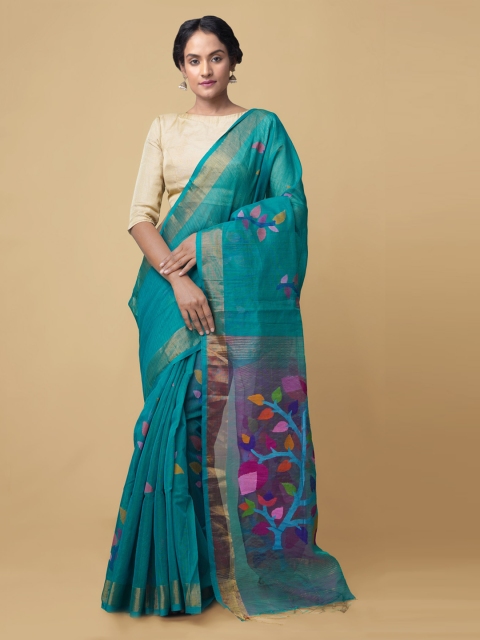 

Unnati Silks Green Floral Silk Cotton Jamdani Handloom Saree