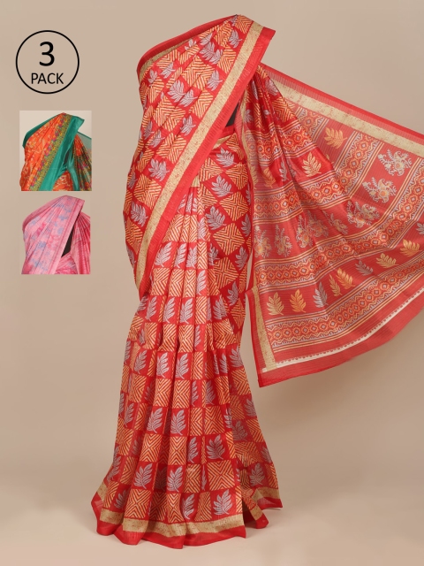 

Pothys Pack of 3 Ethnic Motifs Jute Silk Saree, Red