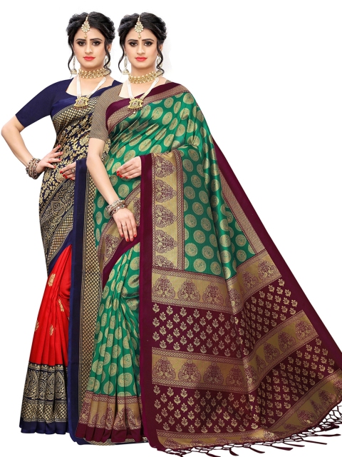 

KALINI Pack of 2 Green & Navy Blue Woven Design Art Silk Saree