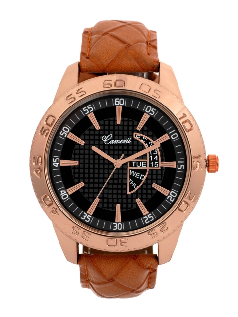 

Camerii Men Black Brass Dial & Brown Leather Textured Straps Analogue Watch WM216_B