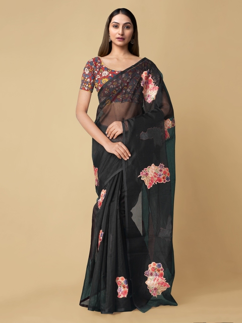 

Unnati Silks Black & Pink Kalamkari Patchwork Silk Cotton Chanderi Handloom Sustainable Saree