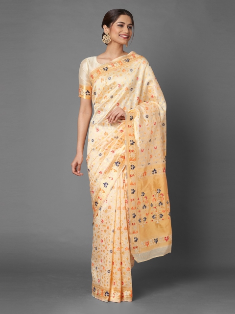 

Mitera Cream & Blue Floral Zari Silk Blend Banarasi Saree