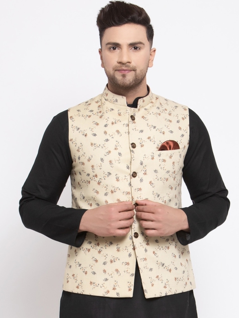 

MAXENCE Men Beige & Grey Printed Woven Cotton Slim-Fit Nehru Jacket