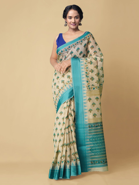 

Unnati Silks Beige Woven Design Zari Silk Cotton Chanderi Sustainable Saree