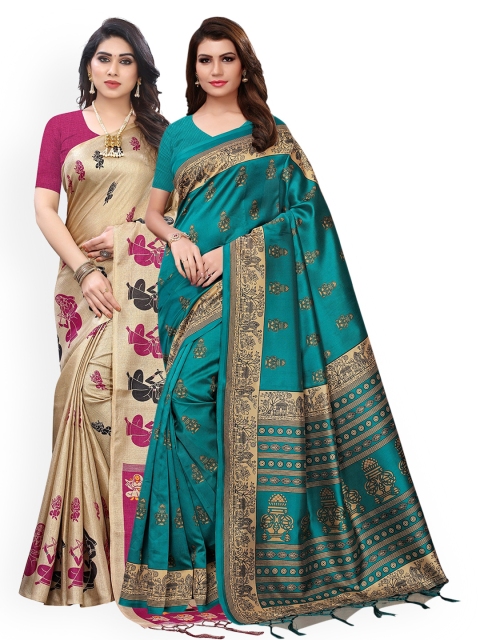 

KALINI Pack Of 2 Green & Beige Ethnic Motifs Zari Art Silk Sarees