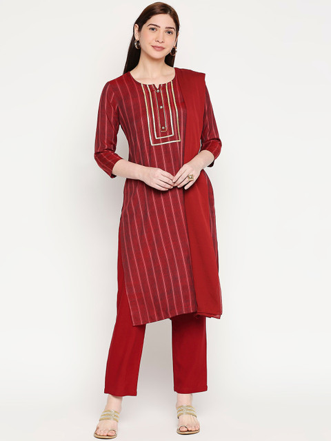 

ZRI Women Maroon Striped Straight Kurta with Trousers & With Dupatta