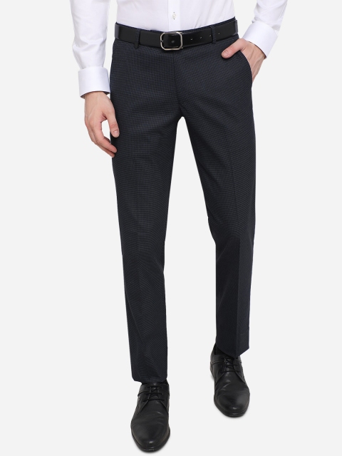 JADE BLUE Men Navy Blue Checked Slim Fit Formal Trousers