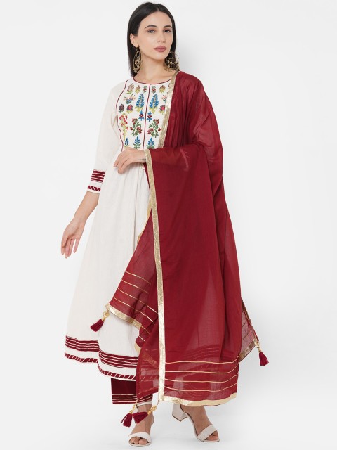 

FASHOR Women Cream Embroidered Pure Cotton Kurta with Palazzos & With Dupatta