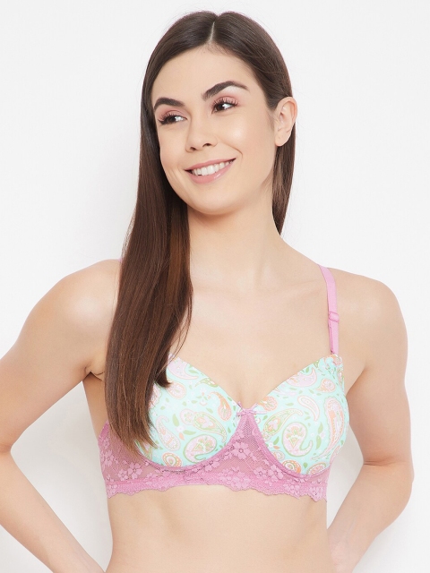 

Clovia Green & Pink Floral T-shirt Bra Full Coverage Lightly Padded - BR1806P1136E