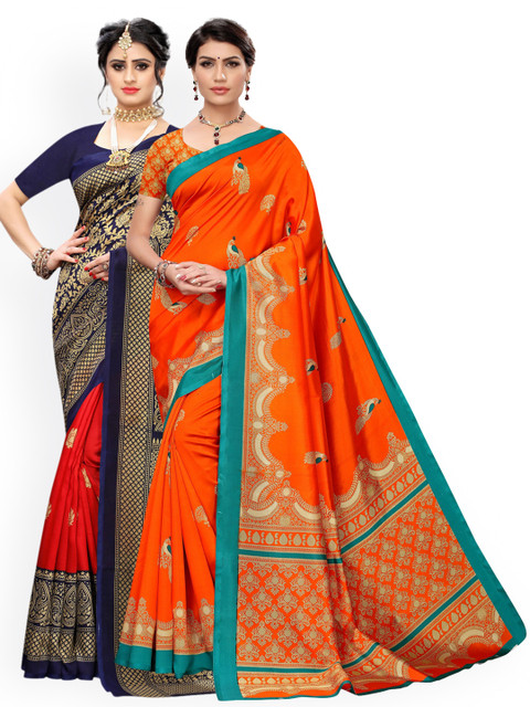 

KALINI Pack of 2 Orange & Navy Blue Woven Design Art Silk Saree