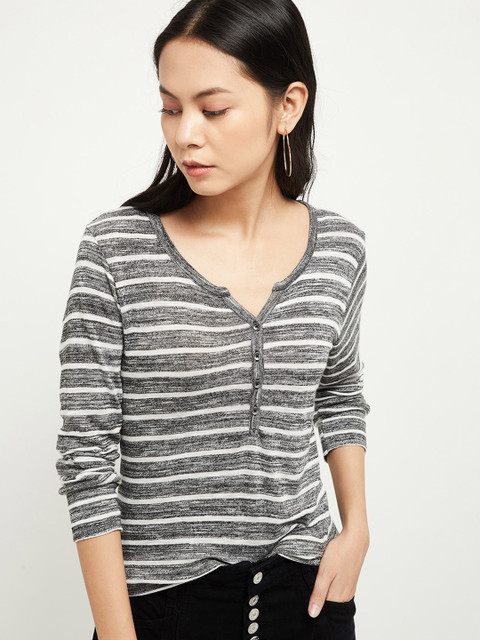 

max Women Grey & White Striped V-Neck T-shirt