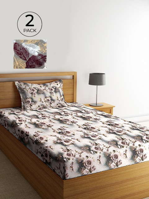 

KLOTTHE Grey & Maroon Floral 210 TC Cotton 2 Single Bedsheet with 2 Pillow Covers