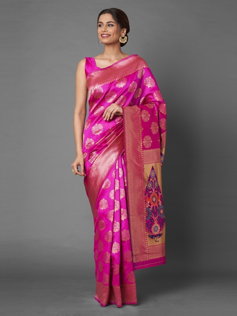

Mitera Pink Floral Embroidered Silk Blend Heavy Work Banarasi Saree