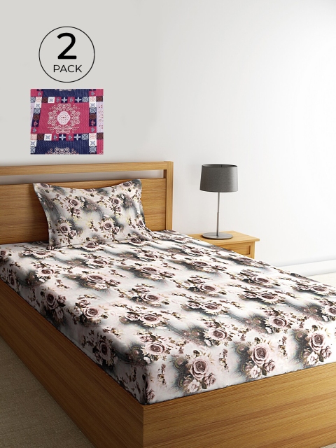 

KLOTTHE Pack of 2 Floral 210 TC Cotton Single Bedsheet with 2 Pillow Covers, Grey