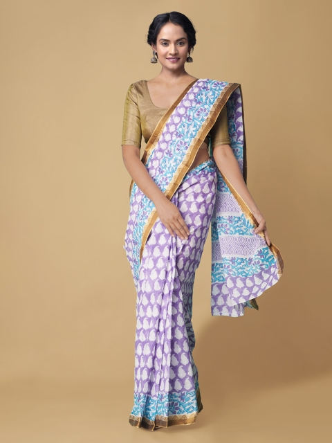 

Unnati Silks Violet & White Hand Block Ethnic Motifs Print Pure Cotton Dabu Saree