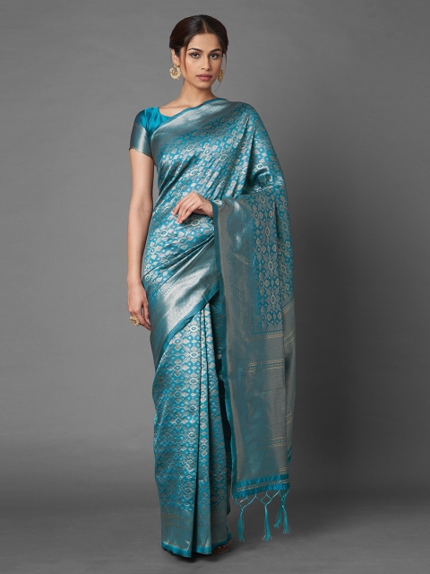 

Mitera Teal Ethnic Motifs Zari Silk Blend Banarasi Saree