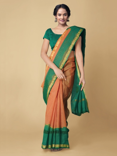 

Unnati Silks Orange Pure Cotton Handloom Kota Sustainable Saree