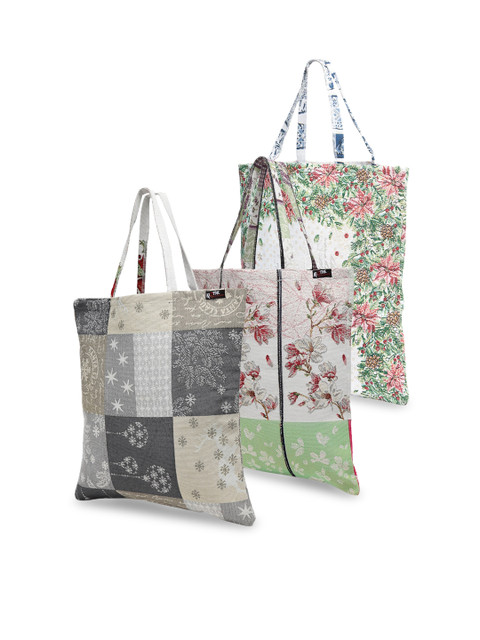 

KLOTTHE White Set of 3 Floral Printed Oversized Shopper Tote Bag with Quilted
