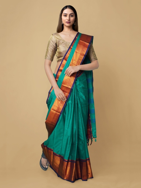 

Unnati Silks Teal Woven Design Zari Silk Cotton Narayan Peth Saree