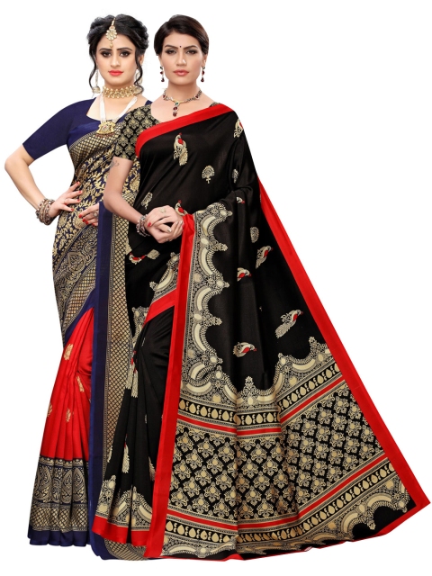 

KALINI Pack Of 2 Black & Navy Blue Ethnic Motifs Zari Art Silk Sarees