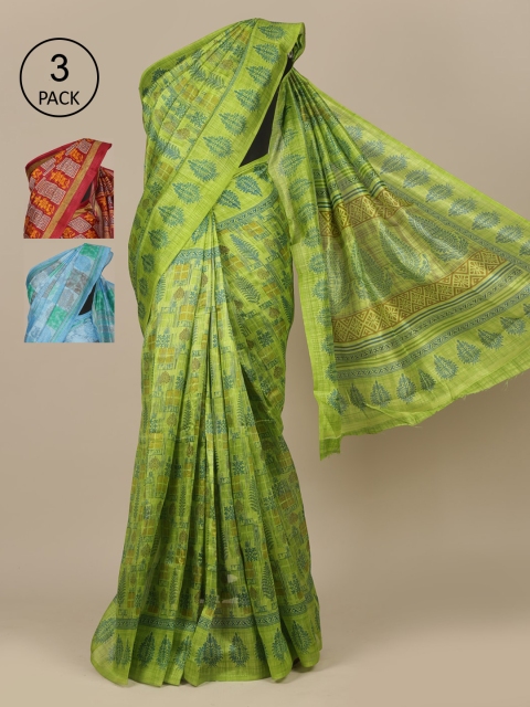 

Pothys Green 3Pack Checked Embroidered Jute Silk Saree
