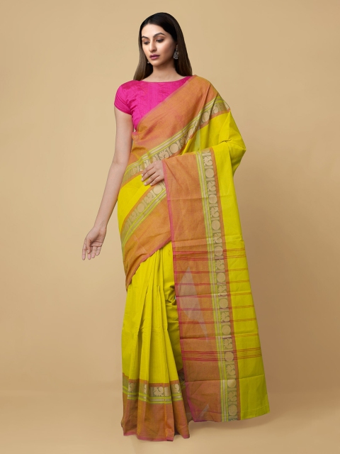 

Unnati Silks Green Zari Pure Cotton Handloom Uppada Saree