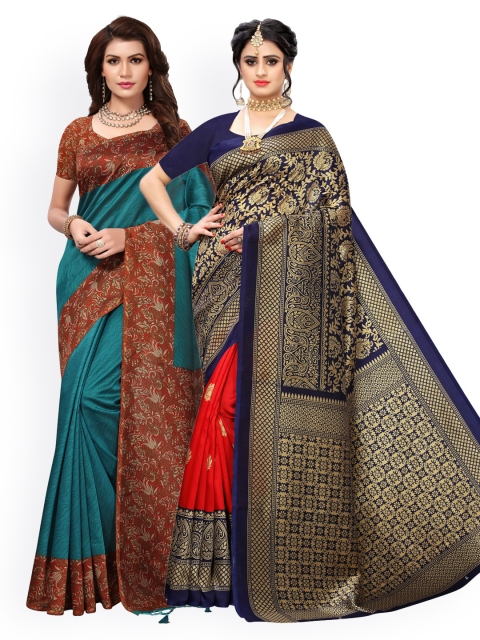 

KALINI Pack Of 2 Red & Blue Printed Embroidered Art Silk Sarees