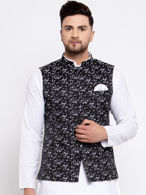 

MAXENCE Men Black & White Printed Woven Cotton Slim-Fit Nehru Jacket