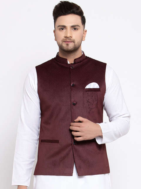

MAXENCE Men Rust Woven Design Nehru Jacket