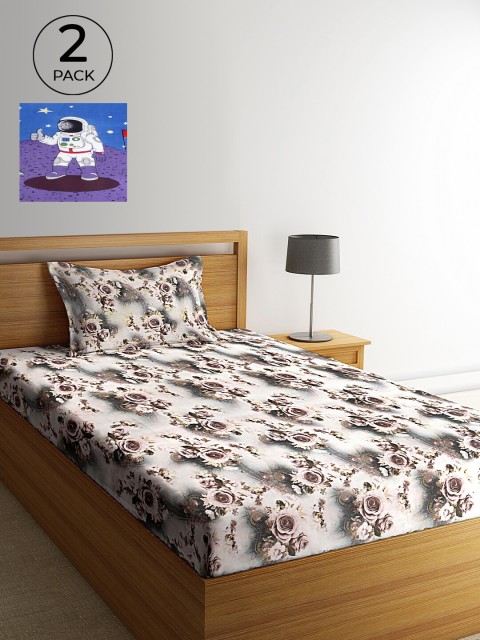 

KLOTTHE Pack of 2 Floral 210 TC Cotton Single Bedsheet with 2 Pillow Covers, Blue
