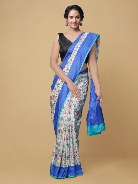 

Unnati Silks White & Blue Kalamkari Zari Block Print Handloom Saree
