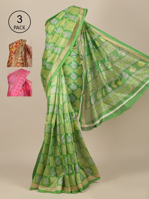 

Pothys Pack of 3 Woven Design Jute Silk Saree, Green