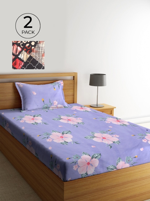 

KLOTTHE Purple & Brown Floral 210 TC Cotton 2 Single Bedsheet with 2 Pillow Covers