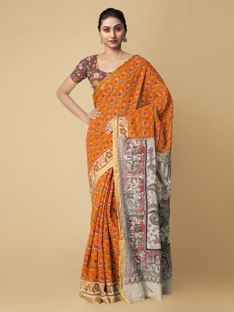 

Unnati Silks Orange Kalamkari Pure Cotton Kanjeevaram Sustainable Saree