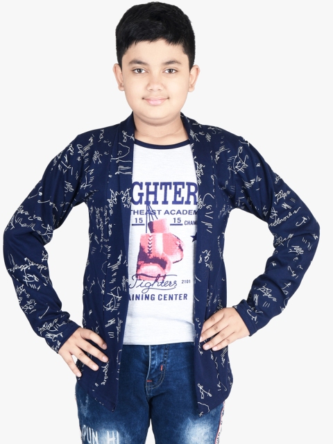 

Fabshio Boys Navy Blue Typography Printed T-shirt with Attached Shrug