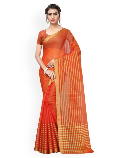 

KALINI Orange Striped Poly Silk Saree