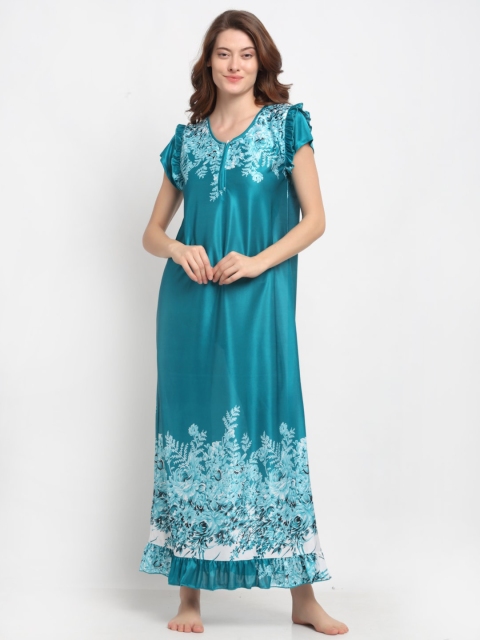 

NEUDIS Turquoise Blue & White Floral Printed Nightdress