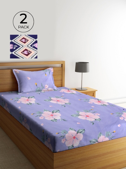 

KLOTTHE Pack of 2 Floral 210 TC Cotton Single Bedsheet with 2 Pillow Covers, Purple