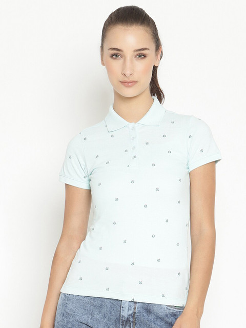 

METTLE Women Blue Floral Printed Polo Collar T-shirt