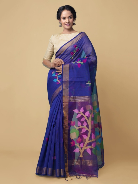 

Unnati Silks Blue Floral Silk Cotton Maheshwari Saree