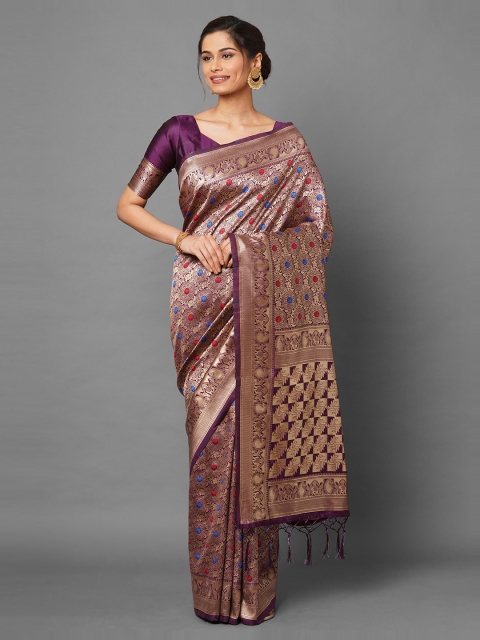 

Mitera Purple Ethnic Motifs Zari Silk Blend Banarasi Saree