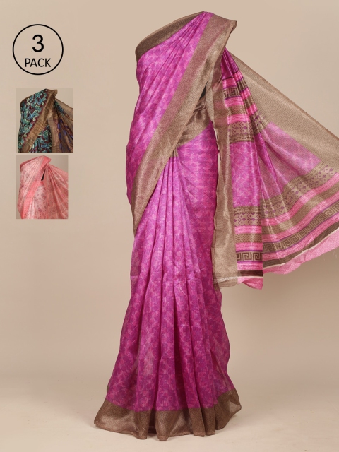Pothys Pack of 3 Ethnic Motifs Jute Silk Saree, Purple