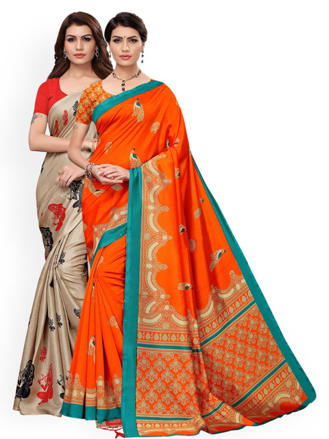 

KALINI Pack Of 2 Beige & Orange Ethnic Motifs Art Silk Saree