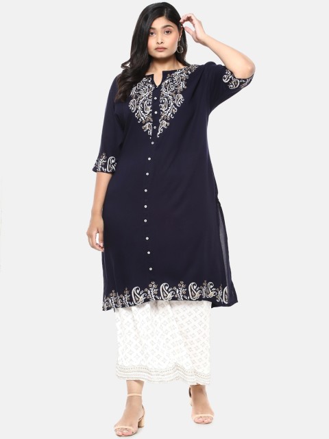 

Instafab Plus Women Navy Blue Floral Embroidered Kurti with Palazzos